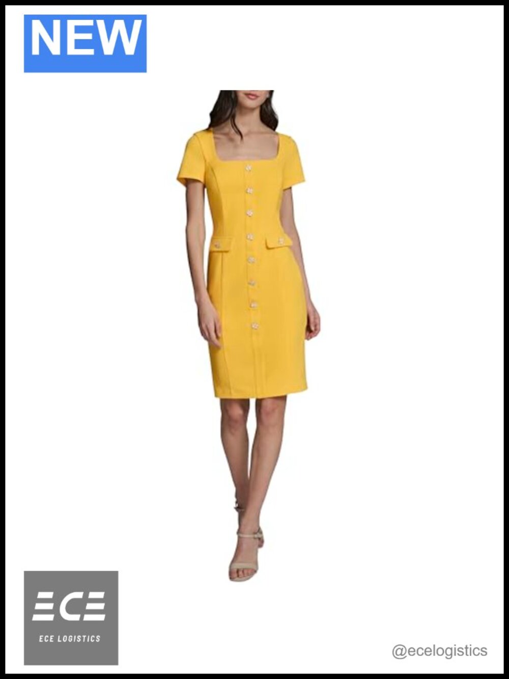Women's Short Sleeve Square Neck Scuba Crepe Sheath Dress Faux Pockets